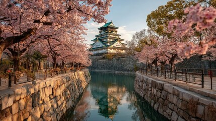 Osaka Castle with cherry blossoms moat reflection historic landmark in Japan