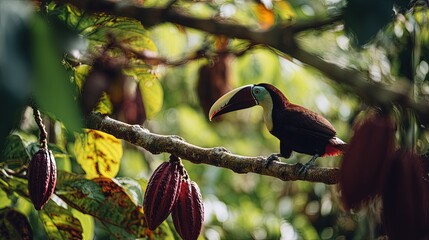 Toucan perched on a cacao tree branch in Bahia's cabruca agroforest ripe pods hanging sustainable chocolate production scene