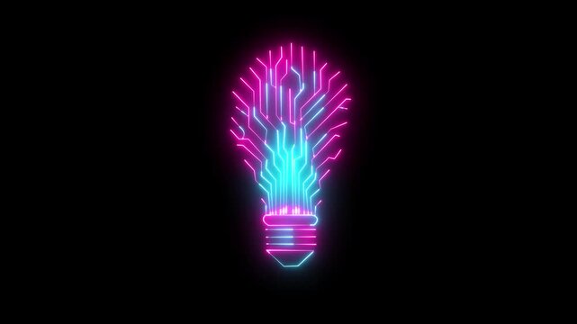 Bulb circuit animation neon on black background.Lightbulb, Digital technology circuit bulb animation, neon electrical bulb icon animation