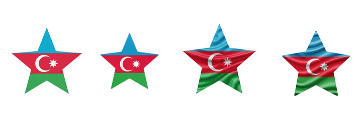 Fototapeta premium Set of four Azerbaijan flag stars, patriotic national symbols, Azerbaijan star shape decorations, isolated on white background, 3D render, holiday PNG.