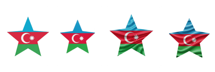 Set of four Azerbaijan flag stars, patriotic national symbols, Azerbaijan star shape decorations, isolated on white background, 3D render, holiday PNG.