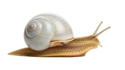 Garden snail isolated PNG on transparent background, mollusk with spiral shell and antennae, slow-moving gastropod for nature studies and educational use