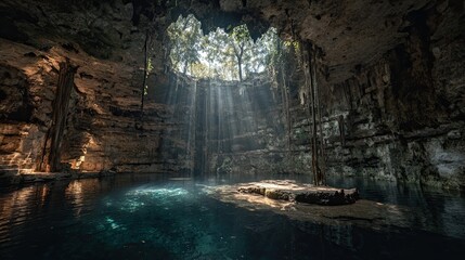 Cenote Wonder A wide-angle shot from inside a mystical cenote in Yucat&aacute;n a beam of sunlight illuminating the clear blue water and ancient rock formations in Mexico