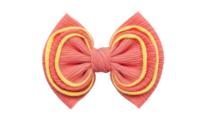 Coral pink hair bow with yellow trim isolated PNG, cute girl s hair accessory for fashion and decoration on transparent background