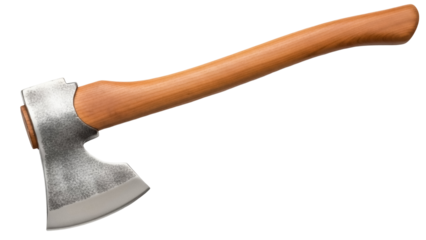 Axe with wooden handle isolated PNG on transparent background, sharp metal tool for chopping wood and outdoor activities
