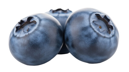 Three fresh blueberries isolated PNG, antioxidant-rich fruit for healthy eating and culinary use on transparent background