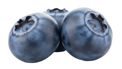 Three fresh blueberries isolated PNG, antioxidant-rich fruit for healthy eating and culinary use on transparent background
