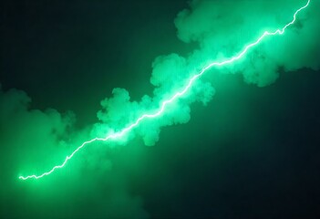 Green electric lightning bolt glowing on dark abstract background with particles and light streaks, futuristic energy power concept for technology, science, posters, wallpapers, and designs.