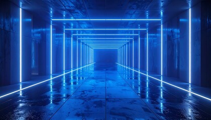 Futuristic, geometric tunnel with blue neon lights and a reflective floor