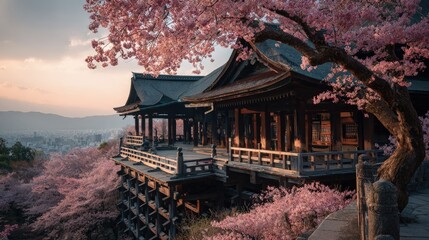 Kiyomizu-dera Temple wooden stage overlooking Kyoto city cherry blossoms panoramic view in Japan