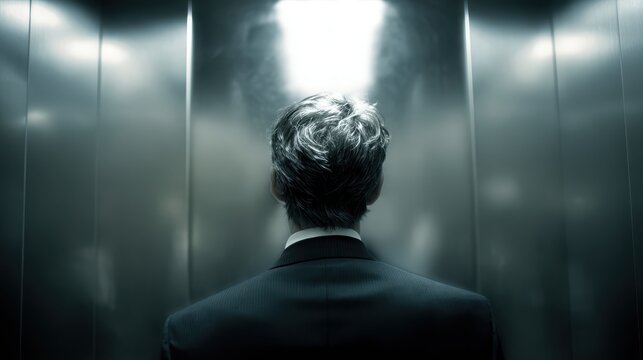 A man in a suit stands silently in an elevator, reflecting on his next move in a modern corporate environment.