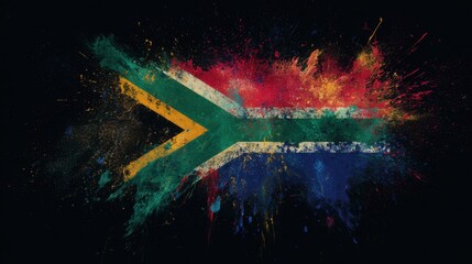 South African flag with colorful paint splashes on a dark background highlighting national identity and culture