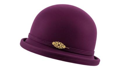 Elegant purple cloche hat with gold brooch isolated PNG, vintage style women s headwear for fashion design and historical reenactment