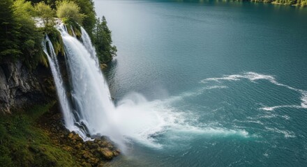 Misty waterfall cascading over lush green cliff into a clear blue lake in a secluded natural reserve