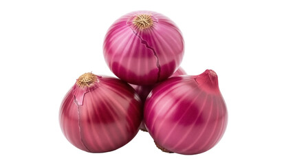 Pile of three red onions isolated PNG on transparent background, fresh vegetable for cooking and healthy eating