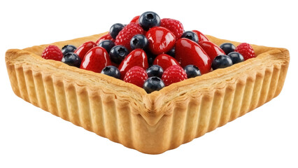 Delicious square berry tart with strawberries, raspberries, and blueberries isolated on transparent background, gourmet dessert PNG