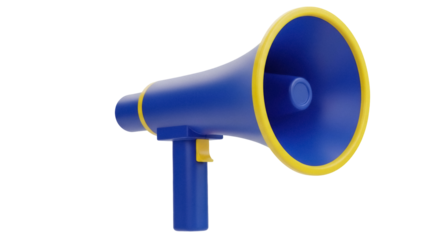 Blue and yellow megaphone PNG isolated on transparent background, public address system for announcements and communication