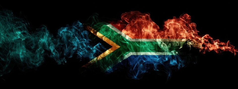 South African flag design with smoke effect in vibrant colors at nighttime