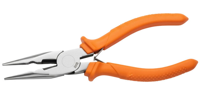 Orange handled needle nose pliers isolated PNG, precision hand tool for electronics repair and jewelry making on transparent background