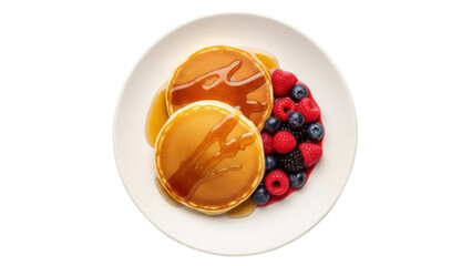 Stack of golden pancakes with maple syrup and fresh berries isolated PNG, delicious breakfast food on transparent background