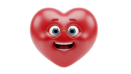 Smiling red heart cartoon character with glasses isolated PNG, happy love symbol with eyes and mouth on transparent background