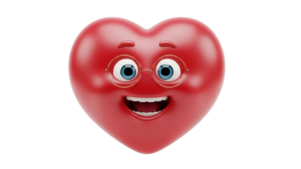 Smiling red heart cartoon character with glasses isolated PNG, happy love symbol with eyes and mouth on transparent background