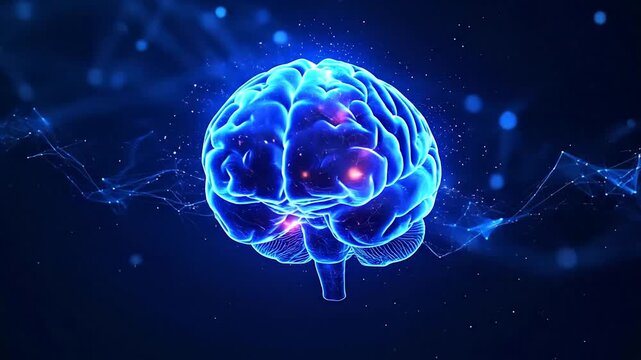 A luminous, glowing blue brain is depicted in an abstract digital illustration against a dark backdrop