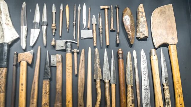 A collection of various antiquated tools, blades, and implements arranged on a dark surface