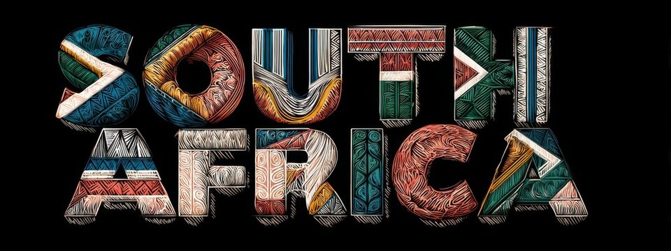 Creative design of South Africa text using colors and patterns representing the nation