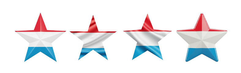Set of four Luxembourg flag stars, patriotic national symbols, Luxembourg star shape decorations, isolated on white background, 3D render, holiday PNG.