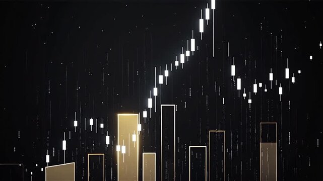 White data streams converge to form an upward candlestick chart; golden light effects outline the contours of a business graph; upward-pointing arrows flash at the end.  