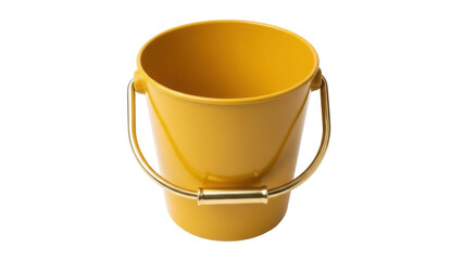Yellow metal bucket isolated PNG on transparent background, empty pail with handle for gardening or cleaning supplies