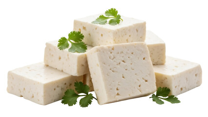 Fresh tofu cubes with cilantro isolated on transparent background, healthy vegan protein source for Asian cuisine and vegetarian diet PNG