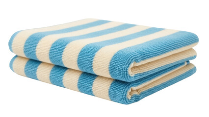 Folded blue and white striped towel isolated PNG, soft cotton beach or bath textile for hygiene and cleaning on transparent background