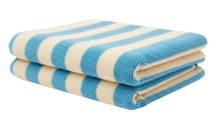 Folded blue and white striped towel isolated PNG, soft cotton beach or bath textile for hygiene and cleaning on transparent background