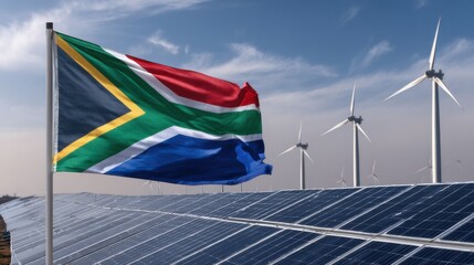 South Africa flag near solar panels and wind turbines in a renewable energy landscape