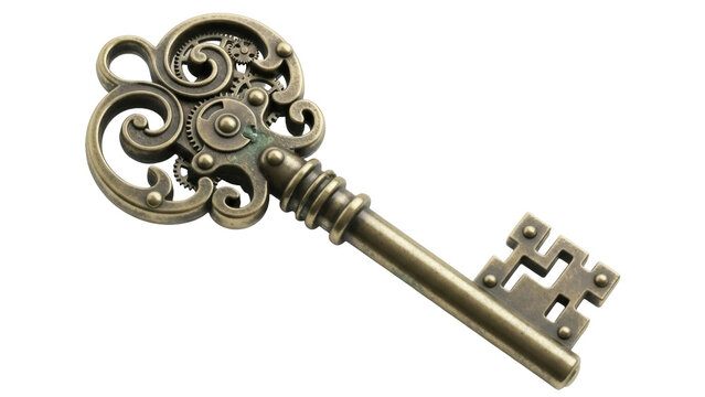 Ornate steampunk key isolated PNG on transparent background, antique bronze skeleton key with gears and cogs for fantasy and design use