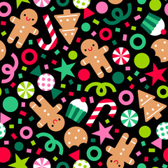 Colorful geometric desserts and confetti seamless pattern design for christmas and new year celebration background.