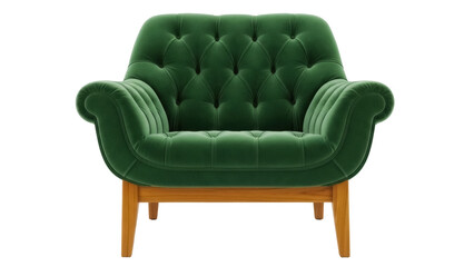 Elegant green velvet armchair isolated PNG, luxurious button tufted seat with wooden legs for living room furniture and interior design