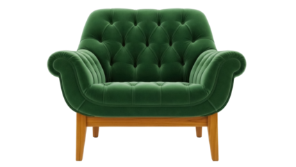 Elegant green velvet armchair isolated PNG, luxurious button tufted seat with wooden legs for living room furniture and interior design
