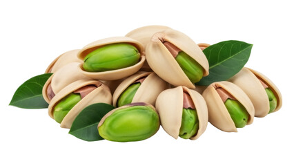 Pile of pistachios with green leaves isolated PNG, healthy snack food with open shells on transparent background