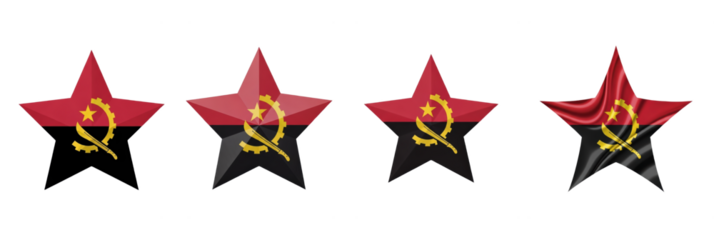 Set of four Angola flag stars, patriotic national symbols, Angola star shape decorations, isolated on white background, 3D render, holiday PNG.