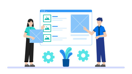 Fototapeta premium UX Designer Presenting Wireframes to Team. Business Flat Vector Illustration