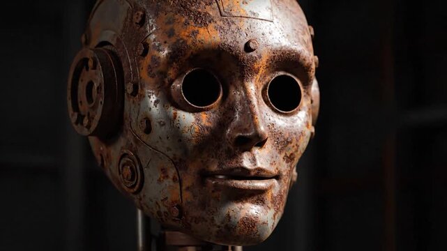 Weathered, rusty metal head of an old automaton with dark, empty eye sockets