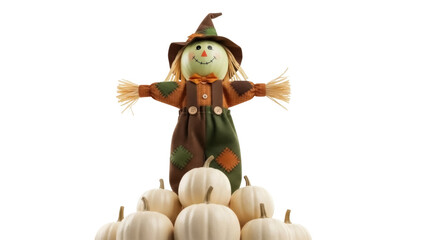Festive scarecrow with pumpkins isolated PNG, autumn harvest decoration for Thanksgiving and Halloween designs, on transparent background