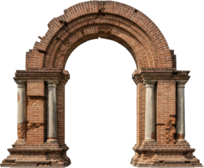 Weathered old brick archway ruin featuring two stone columns on distressed pedestals showcasing significant structural decay and visible damage isolated element Damaged Architecture