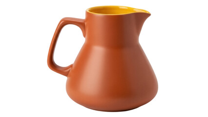 Rustic brown ceramic pitcher isolated PNG, earthenware jug with yellow interior on transparent background, kitchenware for serving drinks