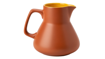 Rustic brown ceramic pitcher isolated PNG, earthenware jug with yellow interior on transparent background, kitchenware for serving drinks