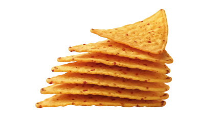 Stack of golden tortilla chips isolated PNG, crunchy snack food on transparent background for party and game day concepts