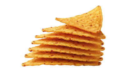 Stack of golden tortilla chips isolated PNG, crunchy snack food on transparent background for party and game day concepts